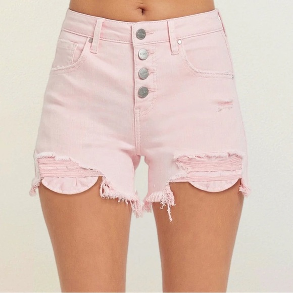 Risen Pink Button Fly Distressed Shorts - Picture 1 of 10